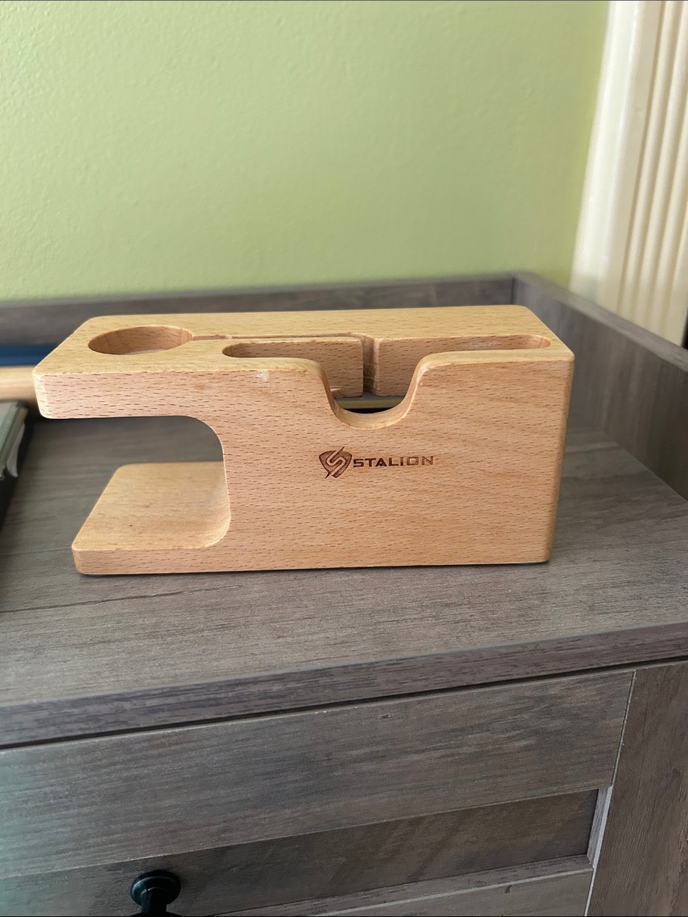Stalion wooden charging phone and watch stand in natural wood
